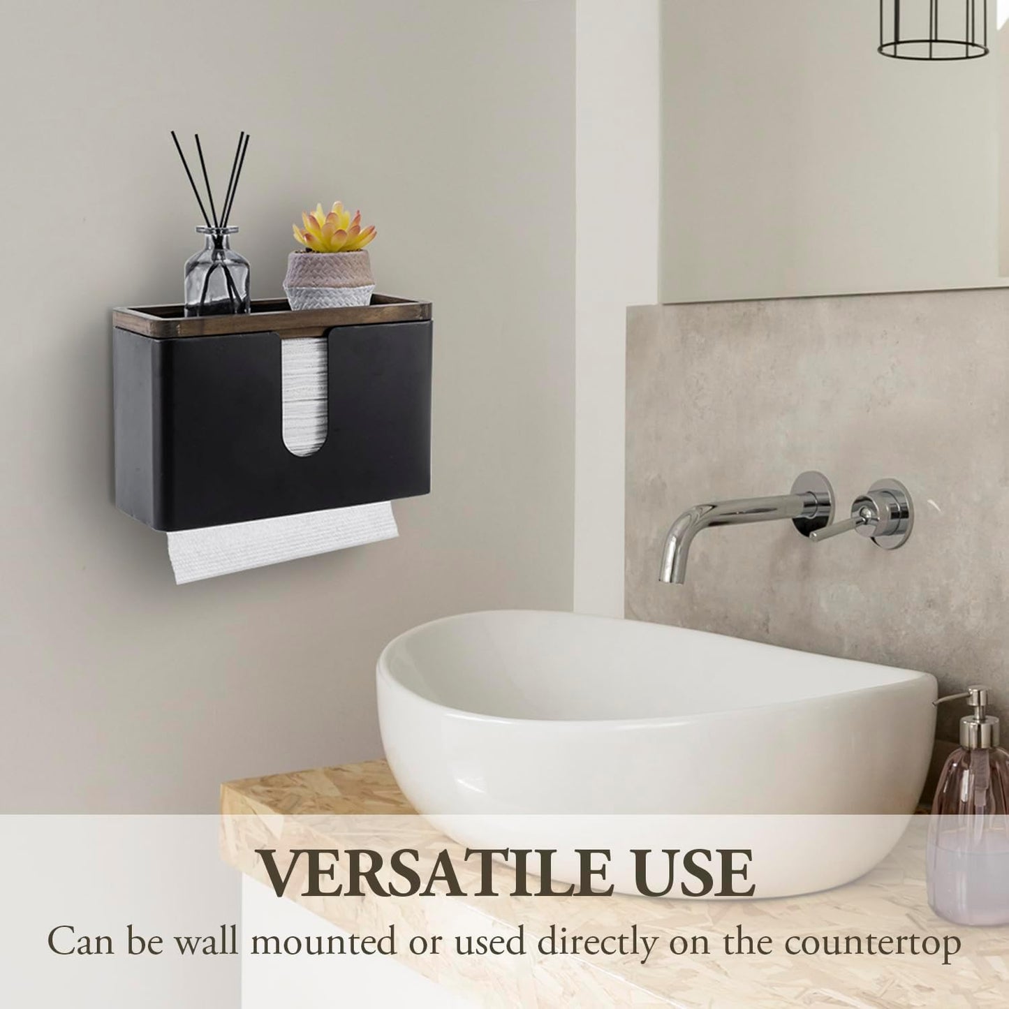 MyGift Deluxe Modern Matte Black Metal Folded Commercial Paper Towel Holder with Rustic Burnt Solid Wood Tray Lid, Wall Mounted Trifold Multifold Z Fold Disposable Napkin Dispenser