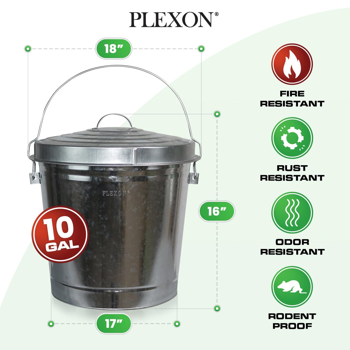 Plexon 10 Gallon Trash Can with Lid Galvanized Metal Bucket with Locking Lid for Poultry Feed Bird Seed Storage Ash Small Garbage Can, 6 Pack