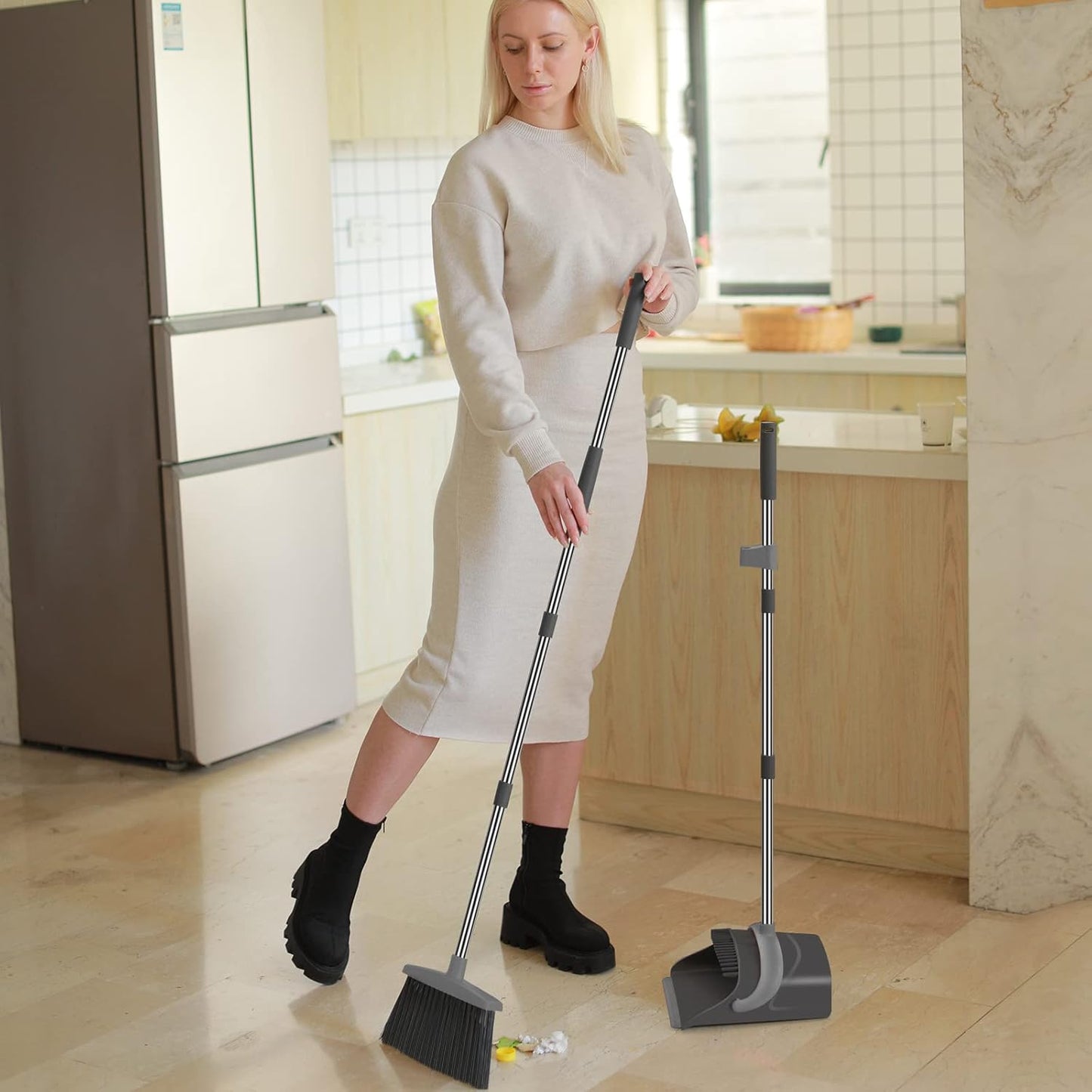Broom and Dustpan Set, Dust pan with Long Handle, Broom with Dustpan Combo Set, Broom and Dustpan for Home, Indoor or Outdoor Cleaning Tool (Deep Gray&Light Gray)