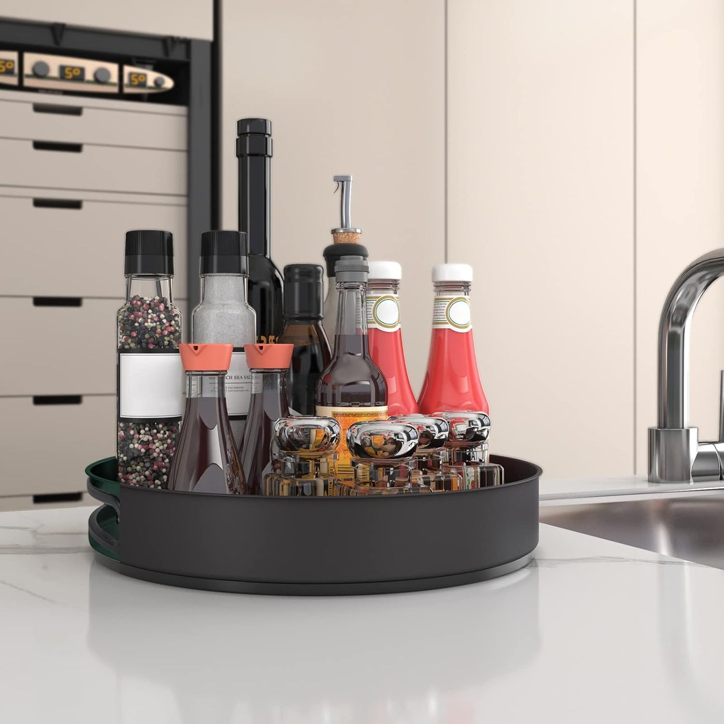 VAEHOLD Lazy Susan Stainless Steel Black Spice Rack Turntable for Pantry Cabinet - Decorative Trays Storage Containers Organizer for Kitchen Cabinet, Snacks, Bathroom (12 inches)