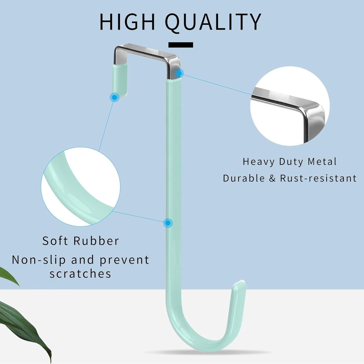 FYY Over The Door Hooks, 4 Pack Upgraded Long Door Hangers Hooks with Rubber Prevent Scratches Heavy Duty Organizer Hooks for Hanging Clothes, Towels, Hats, Coats, Bags LightGreen