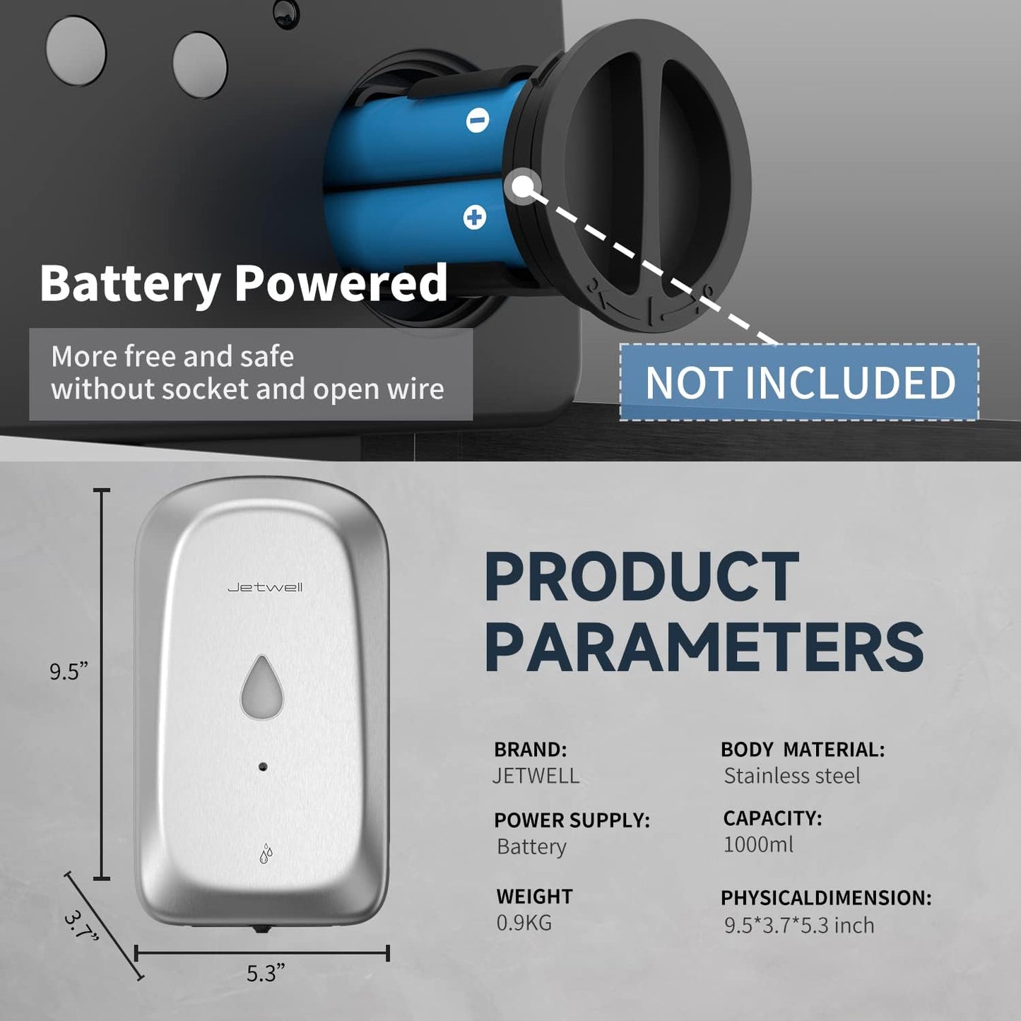 JETWELL Automatic Touch-Less Wall Mount Hand Soap Dispenser Liquid Drop Battery Operated, Brushed Stainless Steel Cover Large Capacity 34OZ/1000ML for Kitchen Home Commercial Bathroom