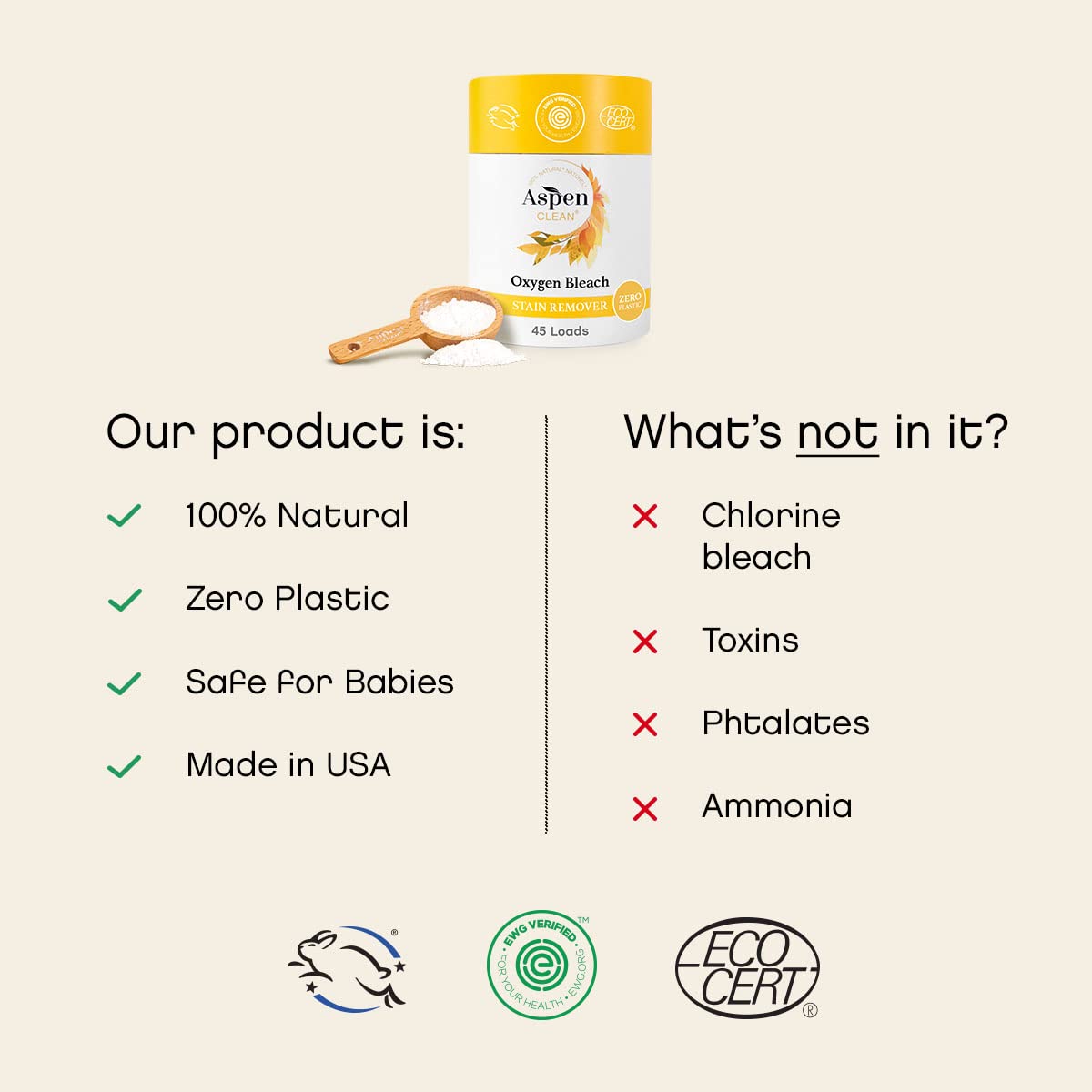 AspenClean Oxygen Whitener & Color Safe Stain Remover | Unscented | Hypoallergenic Bleach Alternative | EWG Verified | Non-Toxic | 45 Loads