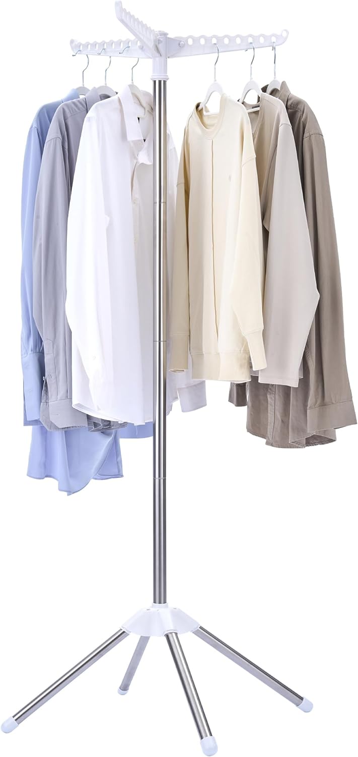 Clothes Drying Rack Foldable, 59 inch Tripod Laundry Drying Rack Indoor with Rotating Clothes Rail for 27 Pieces of Clothes, Space Saving, Stainless Steel, White and Silver CDR001W01