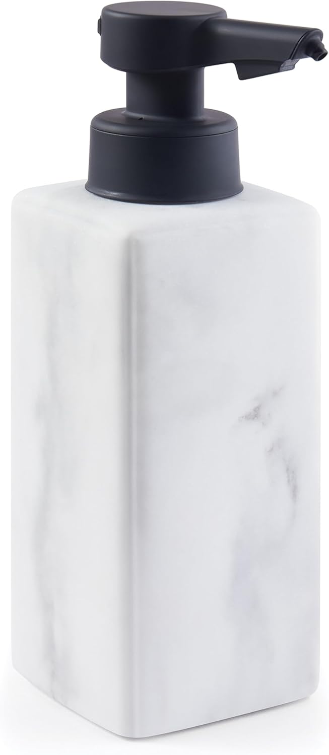 DKNY Hands Free Automatic Liquid Soap Dispenser, Refillable, Rechargeable Touchless Sensor Pump, Elegant Faux Marble Finish, 100% Resin, 1 Piece, 8.6" x 3", White