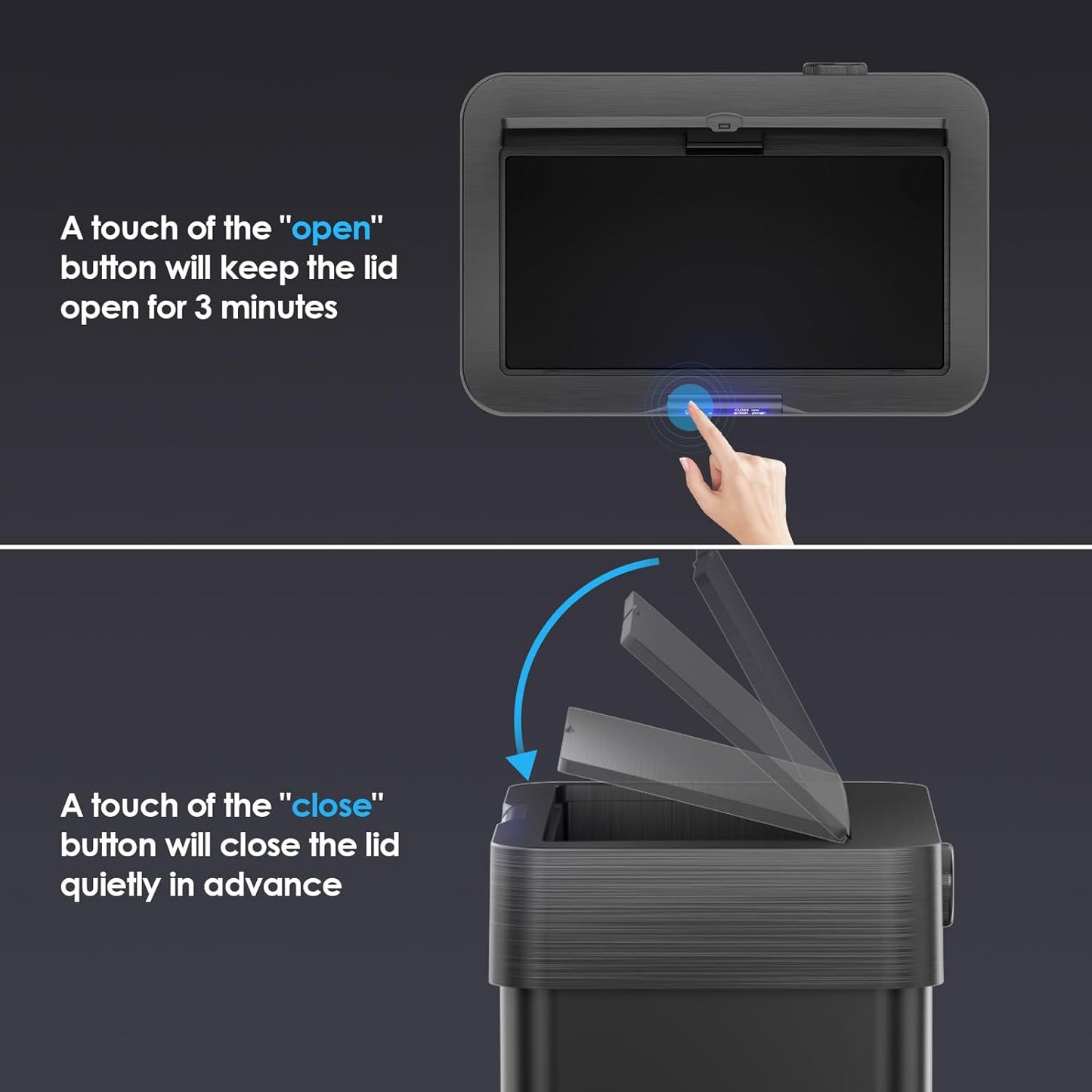 TLSUNNY 16 Gallon Motion Sensor Trash Can,Touchless Automatic Garbage Can,Brushed Stainless Steel Smart Bin,with Bag Holder,Soft Close Lid,for Kitchen,Office,RV,Bedroom,Living Room (Black, 60L)