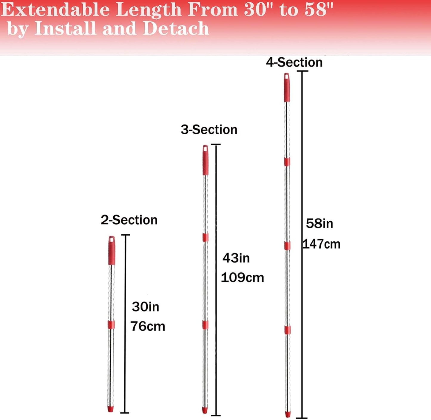 Spin Mop Replacement Handle, 4-Section 30-to-58 inch Mop Replacement Stick Compatible with Ocedar Mop Handle for Easy Wring Mop Refills, Germany Screw Joint(Mop Head&Base not Include)