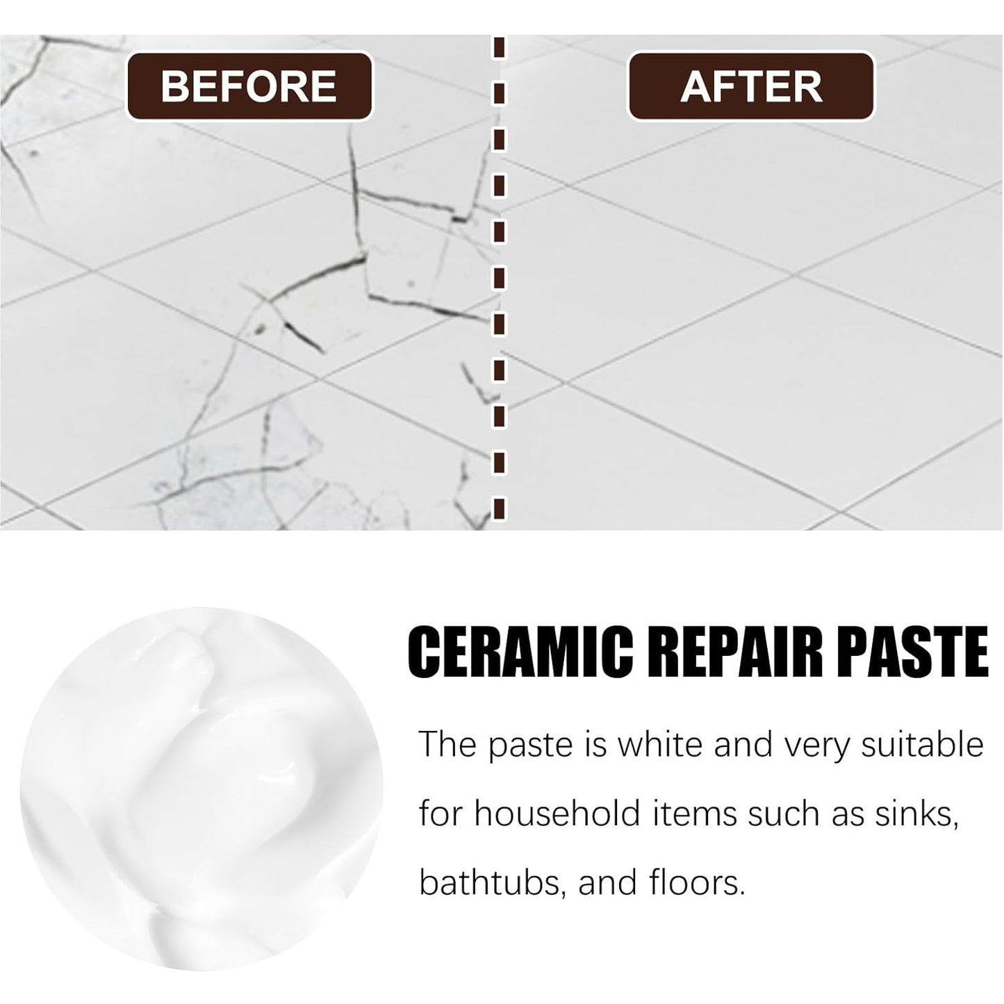 Tile and Ceramic Glaze Repair Paste,Ceramic Tile Crack Repair,Porcelain Sink Repair Kit,Tilegrout Repair,for Bathtub Tilefloors,Sinks, and Toilets (2PC)