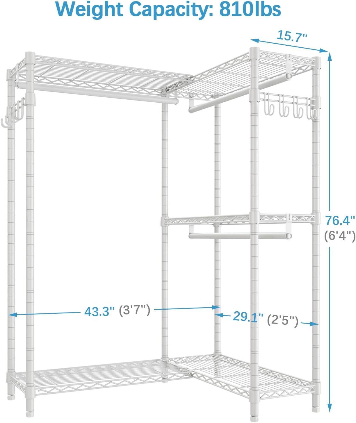 VIPEK L4 Garment Rack L Shaped Clothes Rack for Corner, Freestanding Portable Wardrobe Closet Heavy Duty Clothing Rack with 3 Hanging Rods & 2 Side Hooks, 43.3"Lx29.1"Wx76.4"H, Max Load 810LBS, White