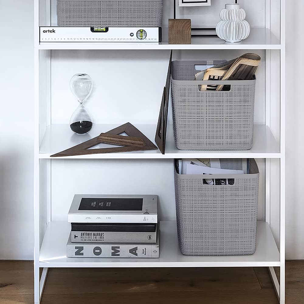 Curver Set of 4 Jute Large Cube Decorative Plastic Organization and Storage Baskets, Perfect Bins for Home Office, Closet Shelves, Kitchen Pantry and All Bedroom Essentials, Grey