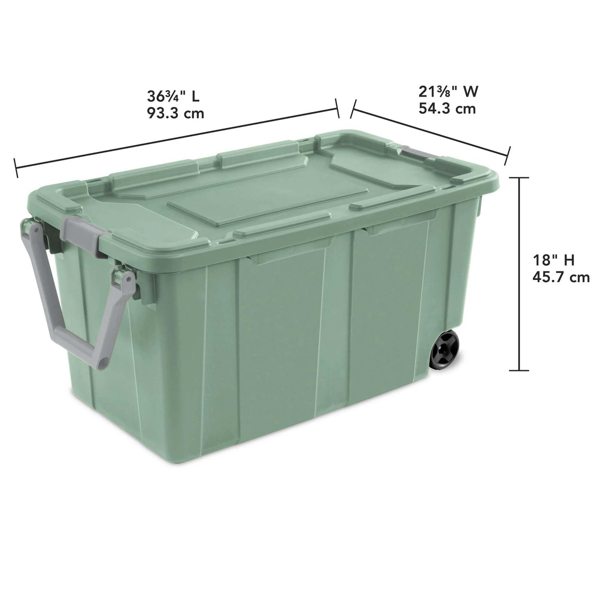 Ratiyae 40 Gallon Wheeled Industrial Tote, Rugged Plastic Storage Bin, Latch Lid, Light Green, 2