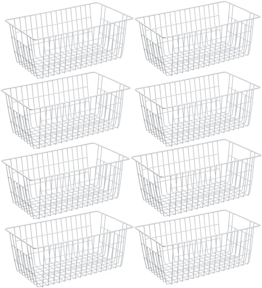 SANNO Freezer Baskets Pantry Storage Bins, Farmhouse Wire Storage Baskets Organizer Storage Bins Large Organizer Bins for Kitchen Organization Storage-Set of 8,White