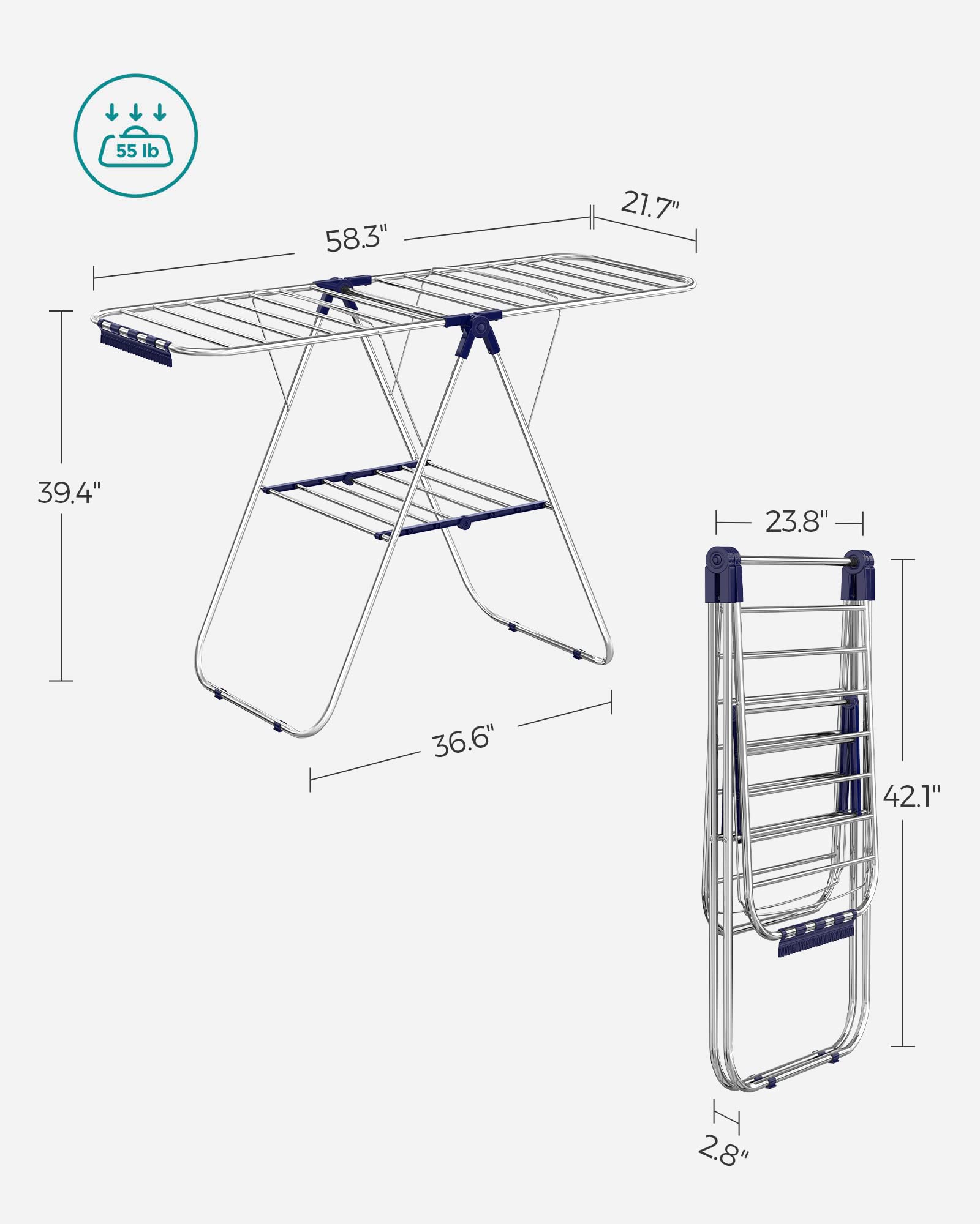 SONGMICS Clothes Drying Rack, with Sock Clips, Metal Laundry Rack, Foldable, Space-Saving