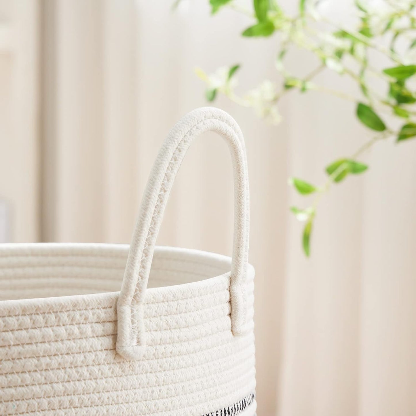 VIPOSCO Large Laundry Hamper, Tall Woven Rope Storage Basket for Blanket, Toys, Dirty Clothes in Living Room, Bathroom, Bedroom - 58L Stripe White