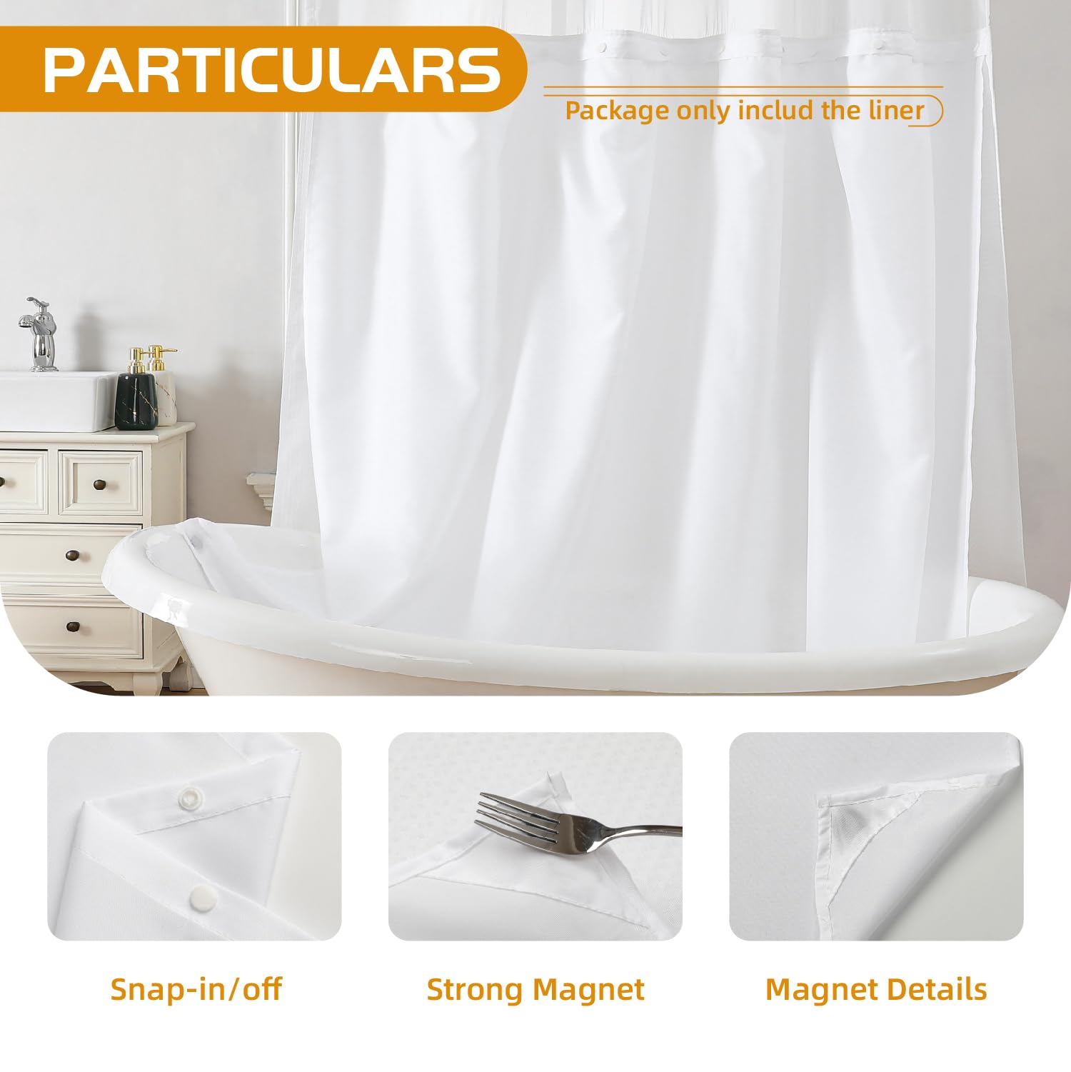 eachope 1 Pack Fabric Snap-in Shower Curtain Liner Replacement,Compatible with No Hook Shower