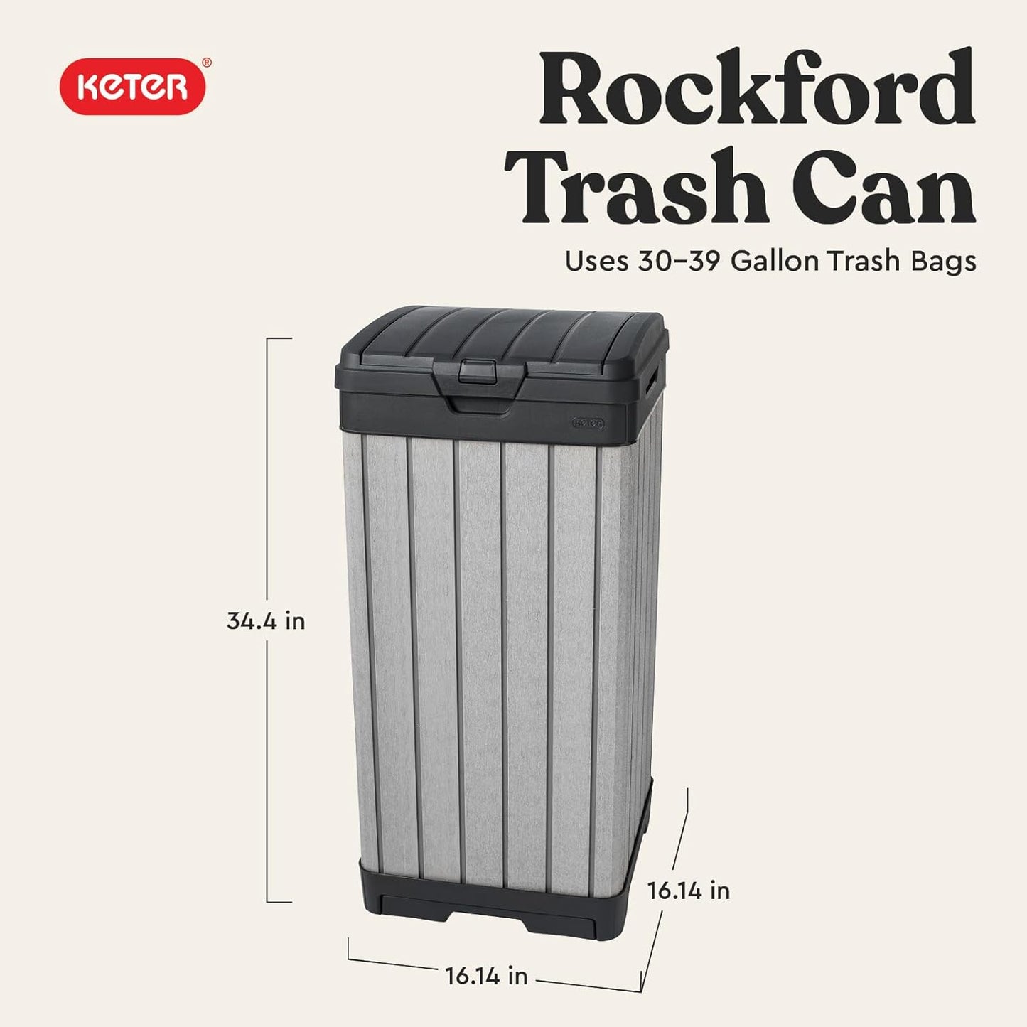 Keter Rockford Resin 38 Gallon Outdoor Kitchen Trash Can with Lid and Drip Tray for Easy Cleaning-Perfect for Patio Dining, Grey