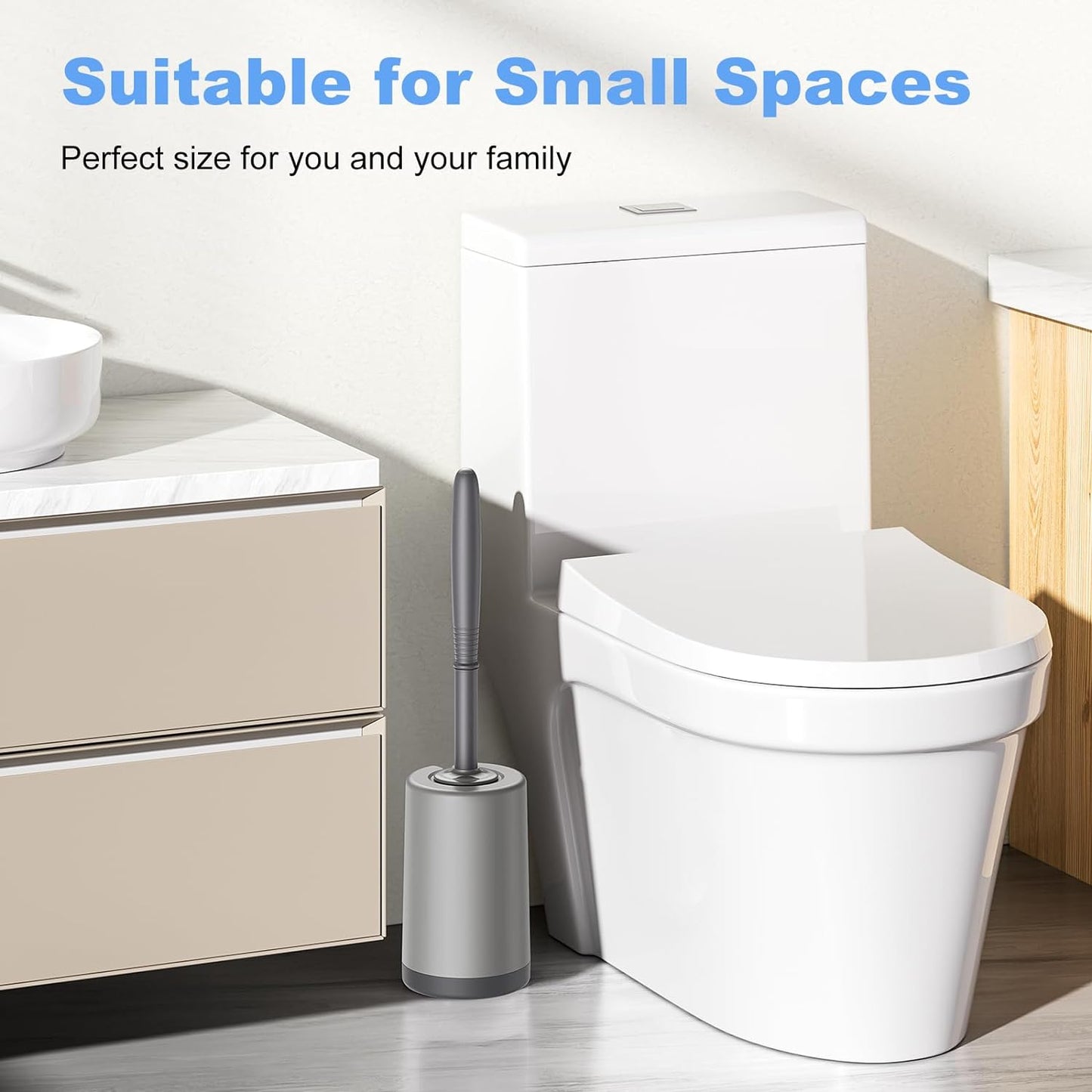 HAMITOR Toilet Bowl Brush Holder Set: Curved Design with Holder for Deep Cleaning Under Rim - Compact Hidden Scrubber for Small Space - Modern RV Bathroom Accessories - Gray