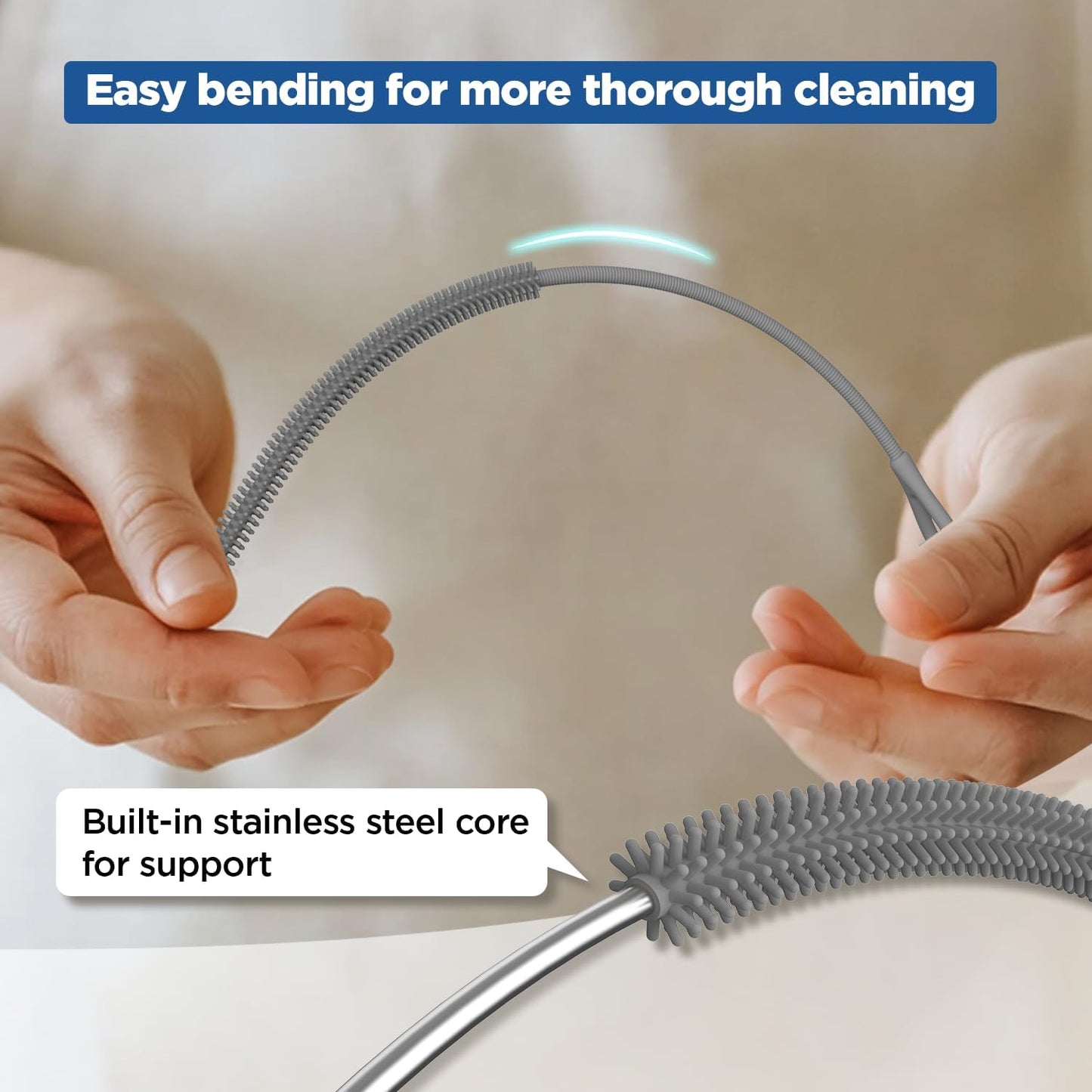 YOTIME Silicone Straw Cleaner Brush, 2Pcs Reusable Straw Brush Extra Long for Cleaning Tumbler with Handle and Glass Metal Smoothie Straws, Non-slip Handle Soft and Bendable, 6mm+9mm, Gray