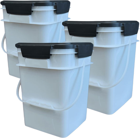 House Naturals 4 Gallon Square Food Grade Bucket Pail with Plastic Handles and Lid (Pack of 3) Made