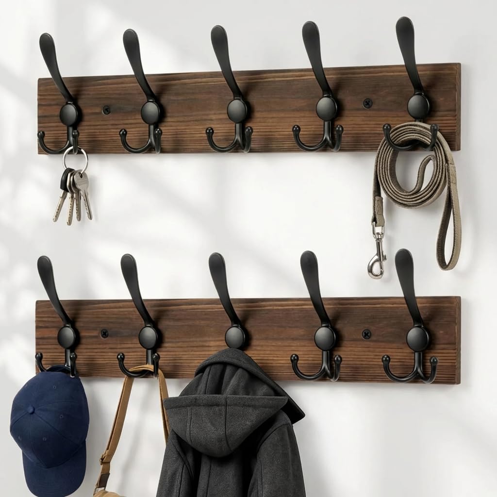 Wooden Coat Rack Wall Mount Heavy Duty, 2 Pack Coat Hanger Wall Mount with 5 Triple Hooks for
