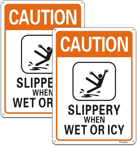2 Pack Caution Slippery When Wet or Icy Sign, 7” x 10” Metal Rust Free Aluminum Sign, Weather