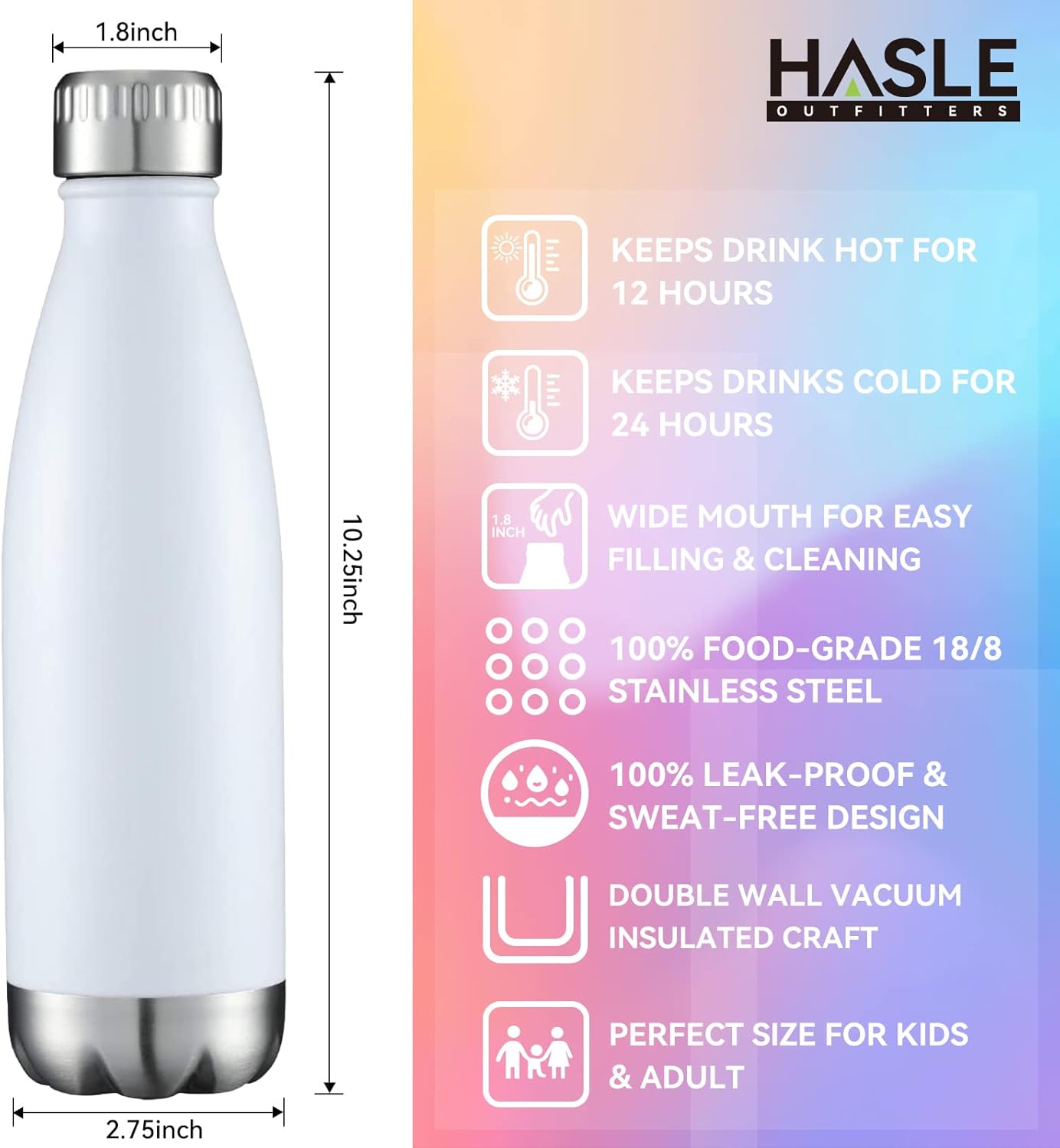 HASLE OUTFITTERS 17oz Stainless Steel Water Bottles Bulk, Vacuum Insulated Water Bottles Double Walled Powder Coated Reusable Metal Sports Water Bottles Keep Drinks Hot and Cold, White, 4Packs