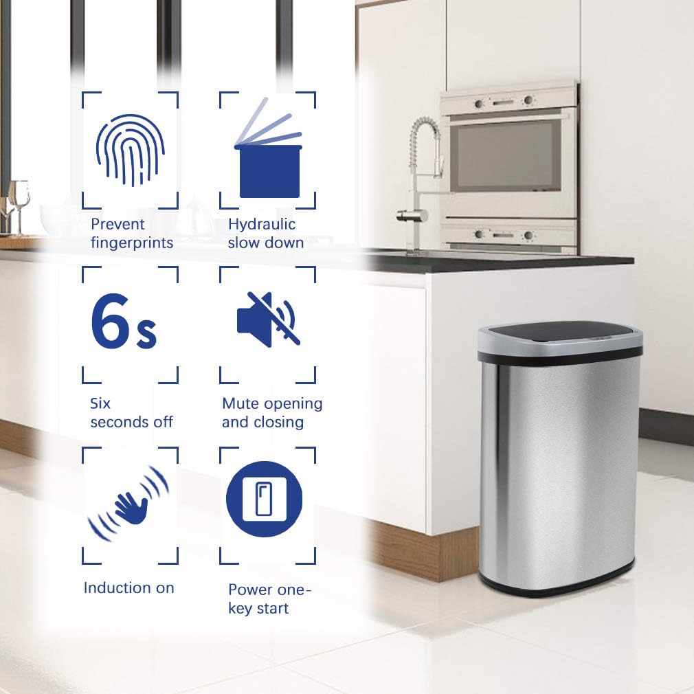 BestOffice | 13 Gallon Stainless Steel Trash Can with Lid | Steel