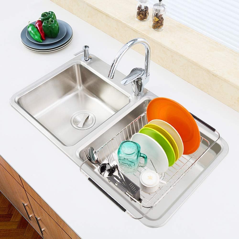 SANNO Expandable Dish Drying Rack Over Sink Dish Rack Shelf in Sink or On Countertop with Stainless Steel Utensil Holder Rustproof Stainless Steel