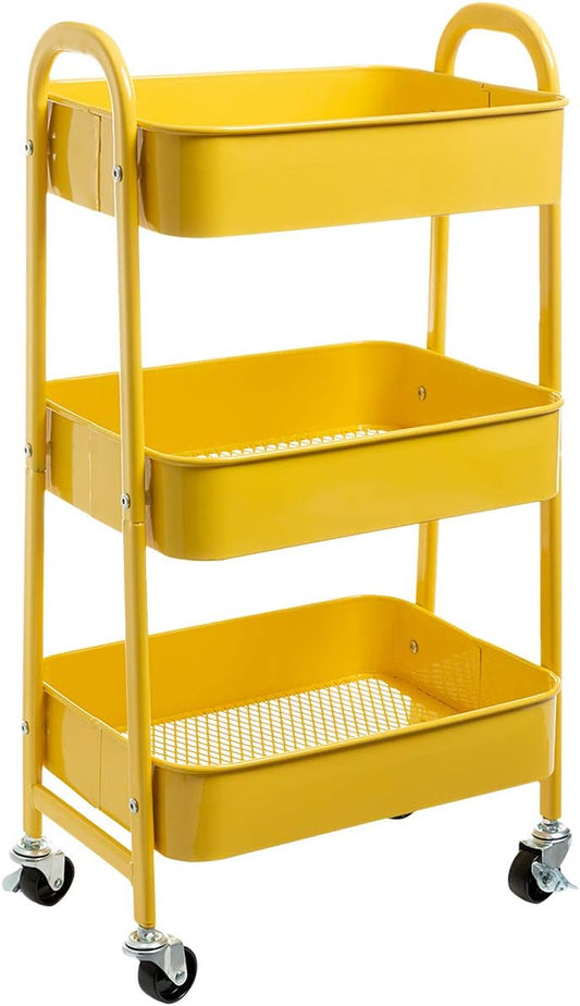 AGTEK Makeup Cart, Movable Rolling Organizer Cart, 3 Tier Metal Utility Cart, Yellow