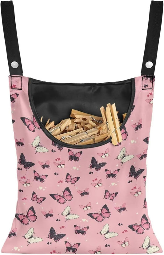 Butterfly Print Clothes Pin Hanging Bag, Stylish Clothespin Bag with Hanging Rope, Clothespin Organizer