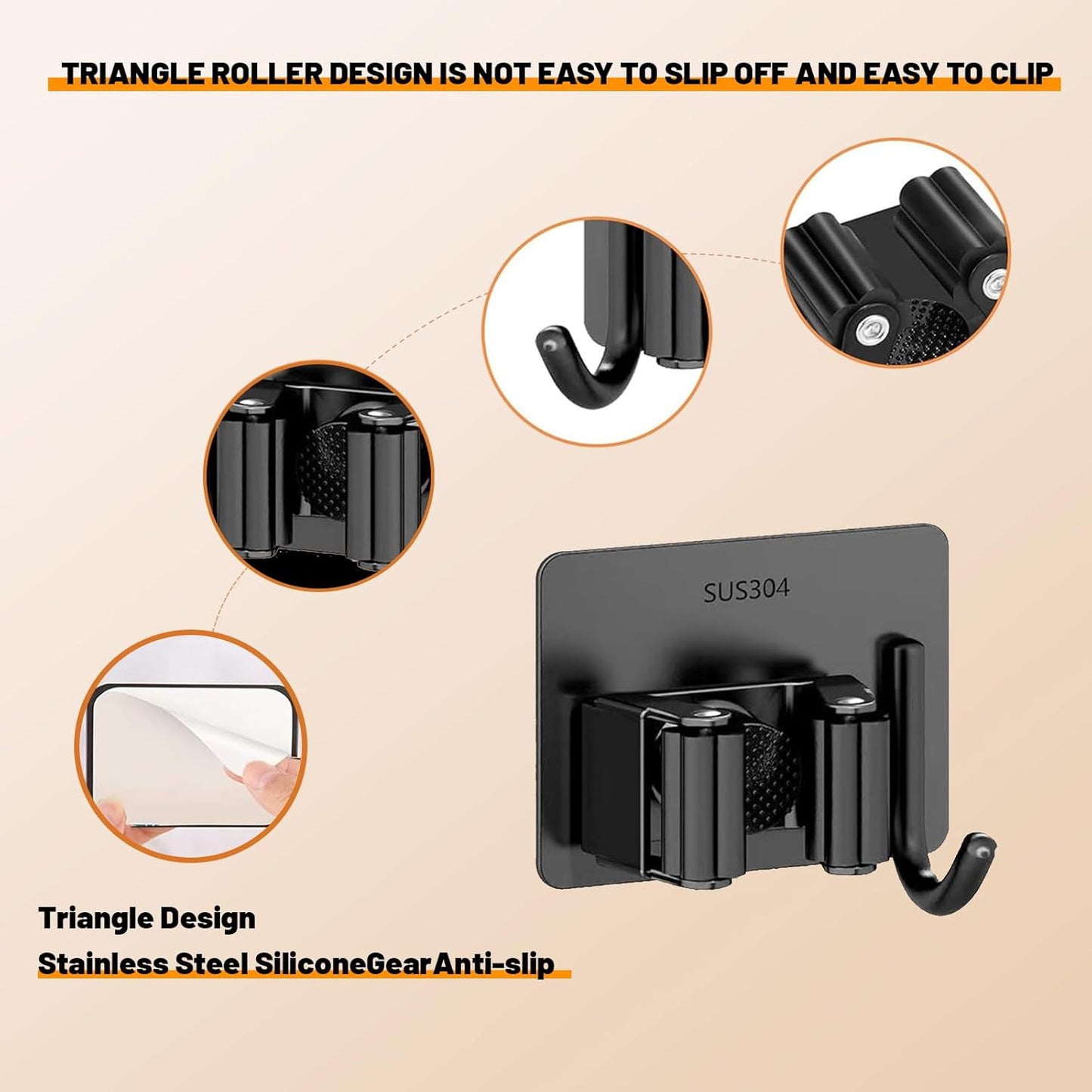 Mop and Broom Holder Wall Mount Stainless Steel Broom Mop Hanger Wall Mounted Garden Tool Rack Organizer for Closet Garage Laundry Room Kitchen Decor (Black) (6)