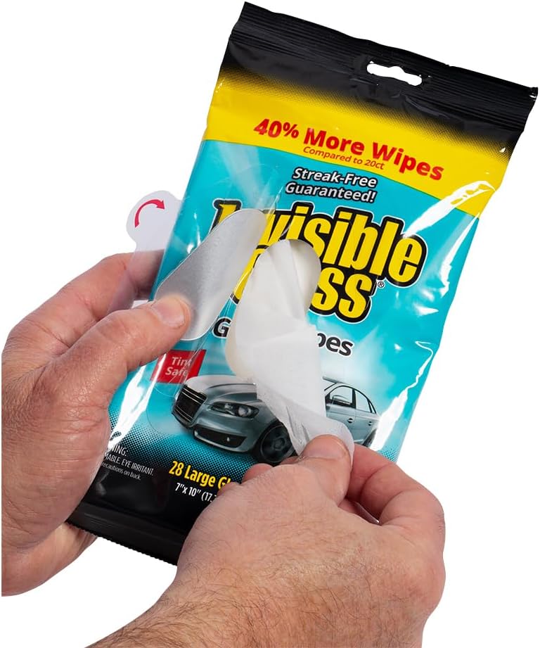 Invisible Glass 90161-3PK Large Glass Cleaning Wipes for Streak-Free Windows, Mirrors, and Glass, Lint-Free, Ammonia-Free, Tint-Safe, for Home and Auto, Flat Pack, 28 Wipes, Pack of 3