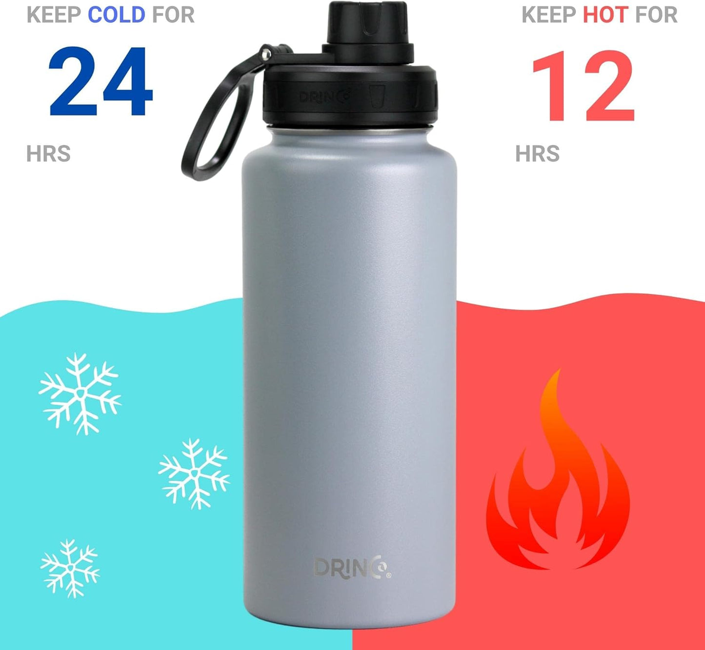 DRINCO Stainless Steel Water Bottle Spout Lid Vacuum Insulated Double Wall Water Bottle Wide Mouth (40oz 32oz 22oz 18oz 14oz) Leak Proof Keeps Cold or Hot (32 oz, 32oz Asphalt Gray)