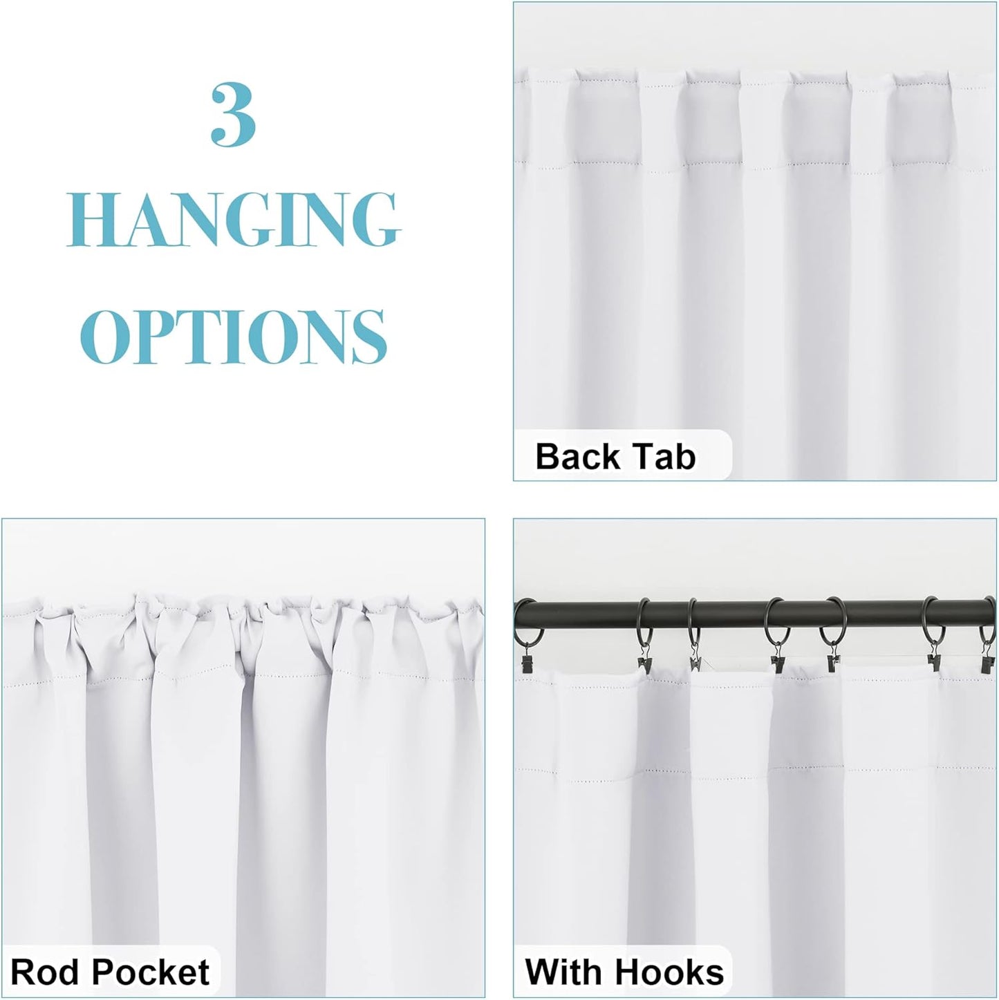 RYB HOME White Short Curtains, Room Darkening Drapes Thermal Insulated Small Window Coverings Full Privacy Protection for Bedroom Bathroom Dining Room, Pure White, W42 x L63 inch, 2 Panels