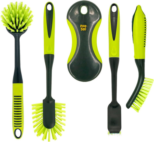 Pine-Sol Scrub Brush Set - Long Handle Cleaning Brushes with Heavy Duty Bristles and Comfort Grip - Scrubbers for Kitchen, Household, and Dishwashing, 5 Pieces