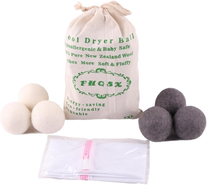 Wool Dryer Balls by FHQSX 6-Pack, XL Premium Reusable Natural Fabric Softener, White and Grey…