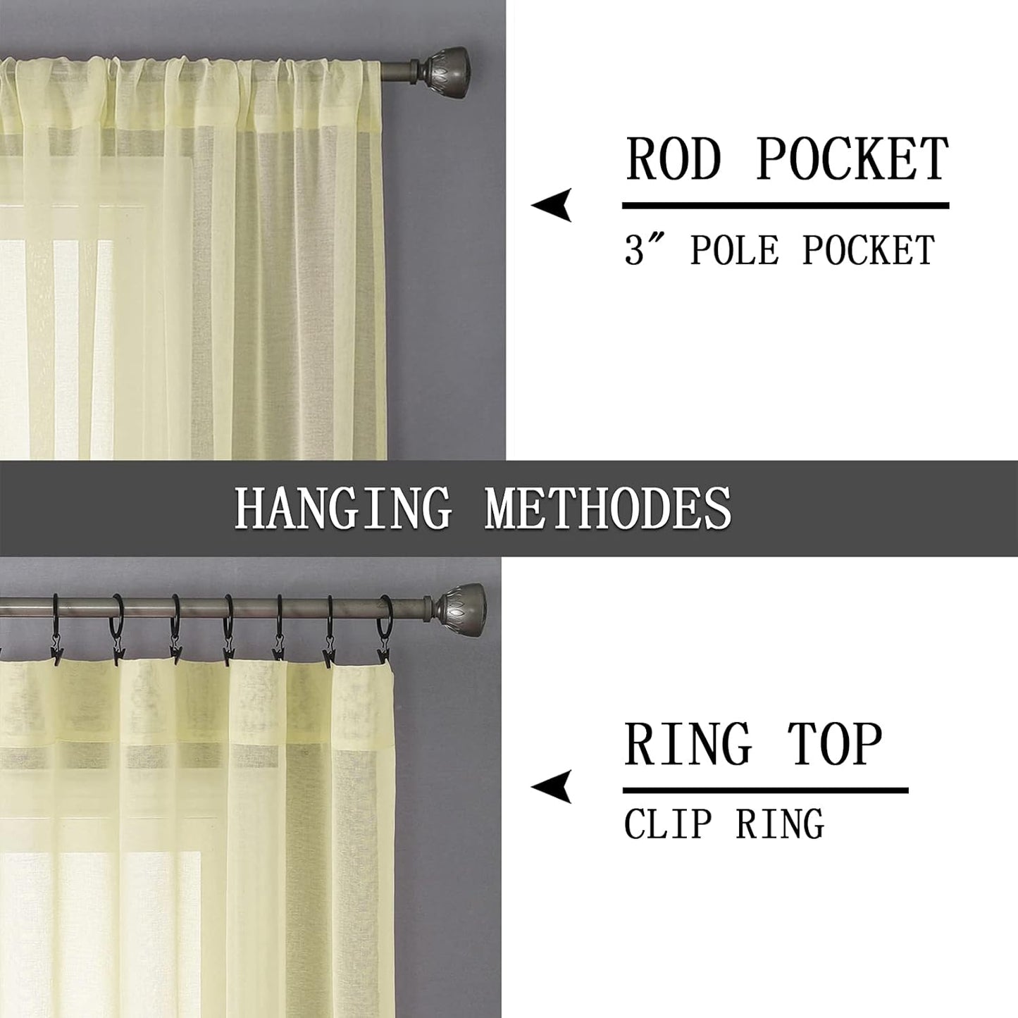 Tollpiz Sheer Curtains Linen Textured Living Room Curtain Sheers Light Filtering Rod Pocket Voile Curtains for Bedroom, 42 x 63 inches Long, Transparent Yellow, Set of 2 Panels