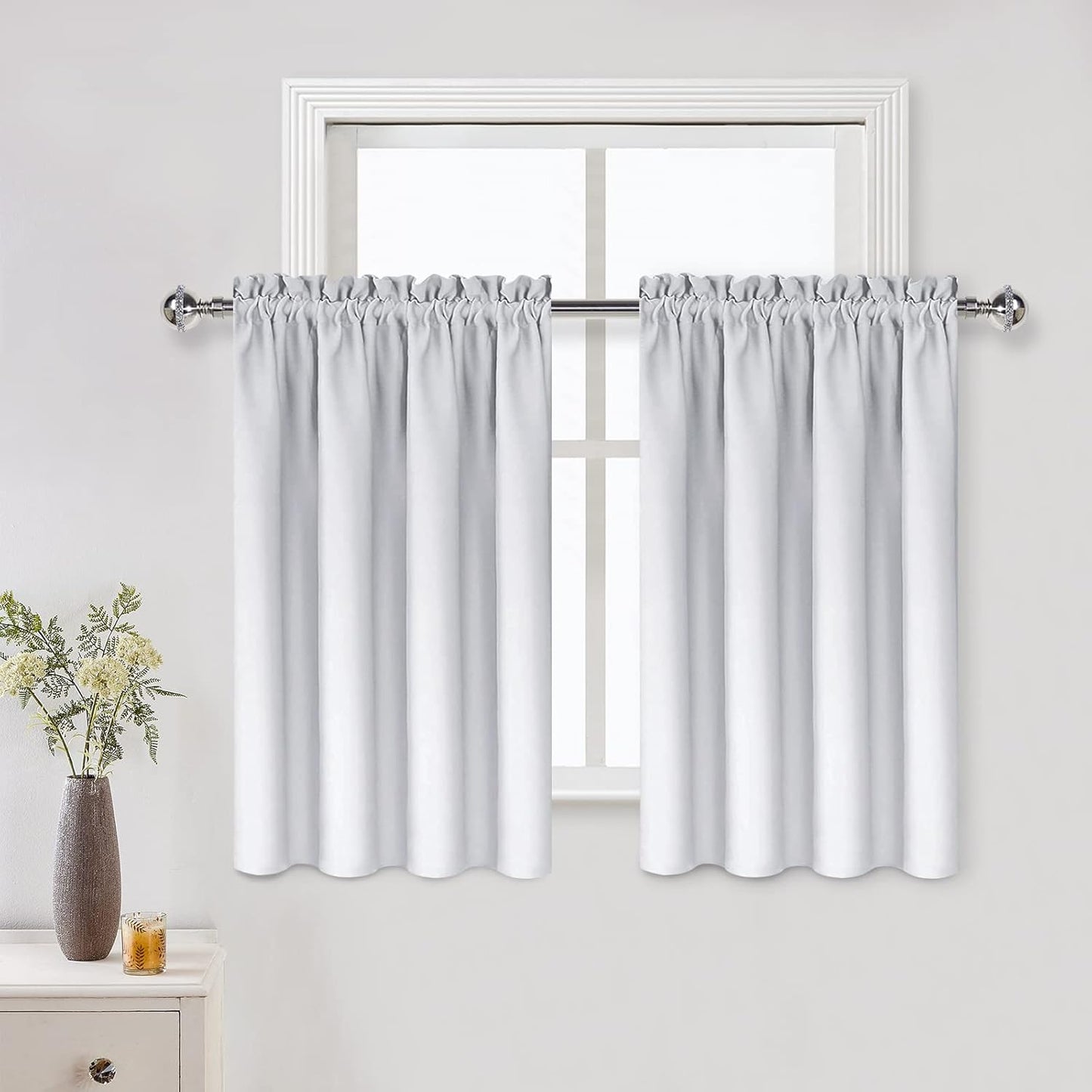 DWCN White Short Room Darkening Curtains for Kitchen/Bedroom, 42 x 36 inches Long - Energy Saving Window Drapes for Nursery with Rod Pocket, Set of 2 Panels