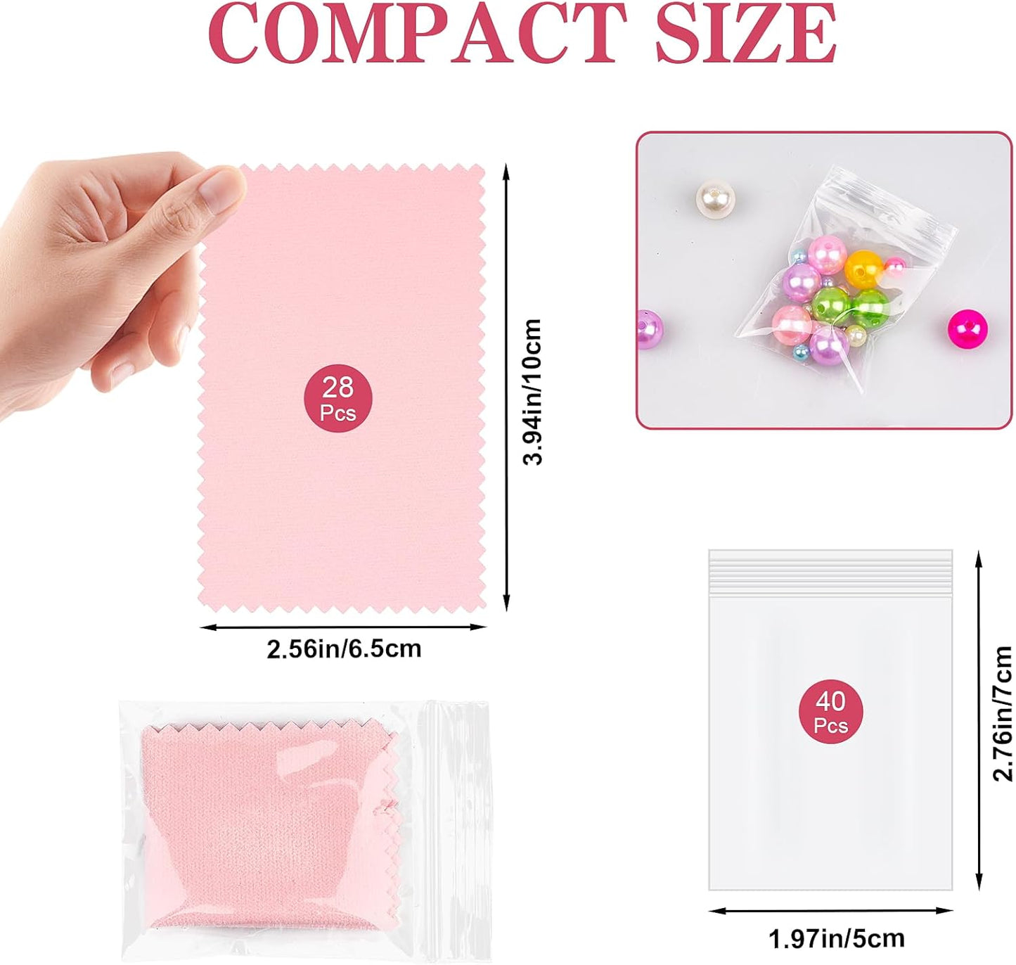 28 Pcs Jewelry Polishing Cloth for Sterling Silver Jewelry, Pink Cleaner Cloth for Rings, Includes 40 Pcs Small Jewelry Bags, Gift for Men and Women