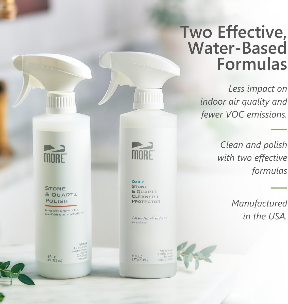 MORE - Twin Pack - Includes Stone & Quartz Cleaner + Polish - Granite, Quartz & Marble Cleaner & Polish - For Kitchen & Bathroom Countertops - Pack of 2 16oz Sprays - Lavender Verbena