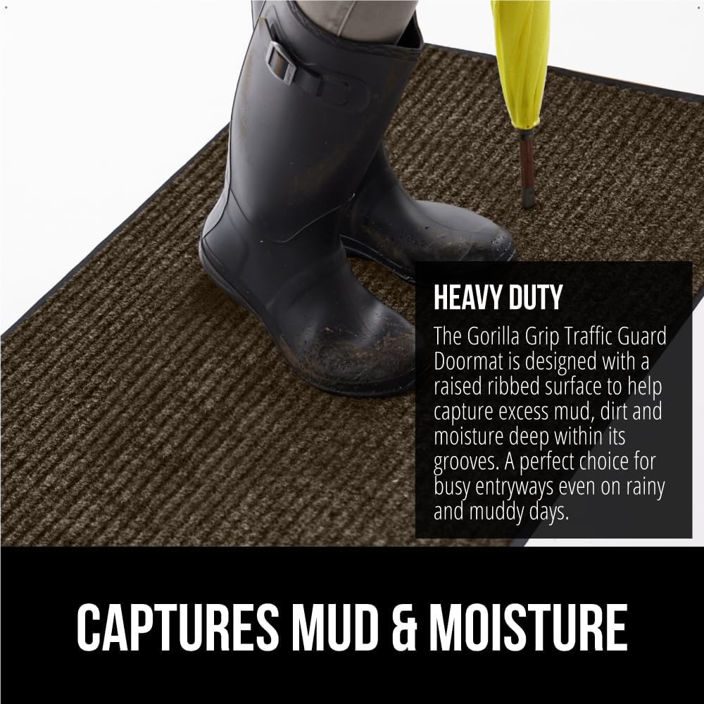 GORILLA GRIP Traffic Guard Door Mat, 59x24, Heavy Duty Welcome Mats, Commercial Office Space Doormat, Waterproof, Fade Resistant, Strong Rubber Backing, Low Profile, Shoe and Boot Scraper, Brown