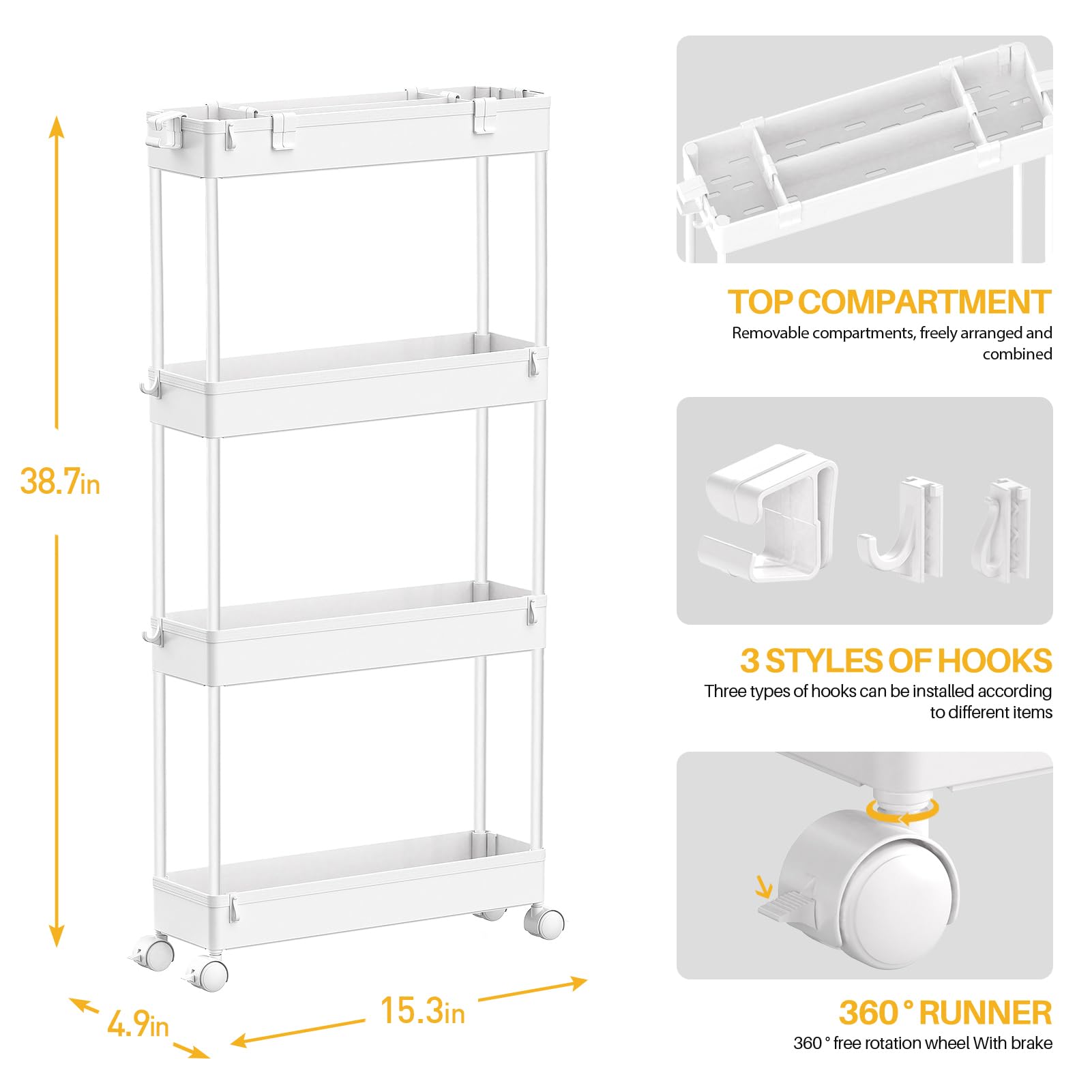 SPACELEAD Slim Storage Cart 4 Tier,Bathroom Organizer Rolling Utility, Mobile Shelving Unit Slide