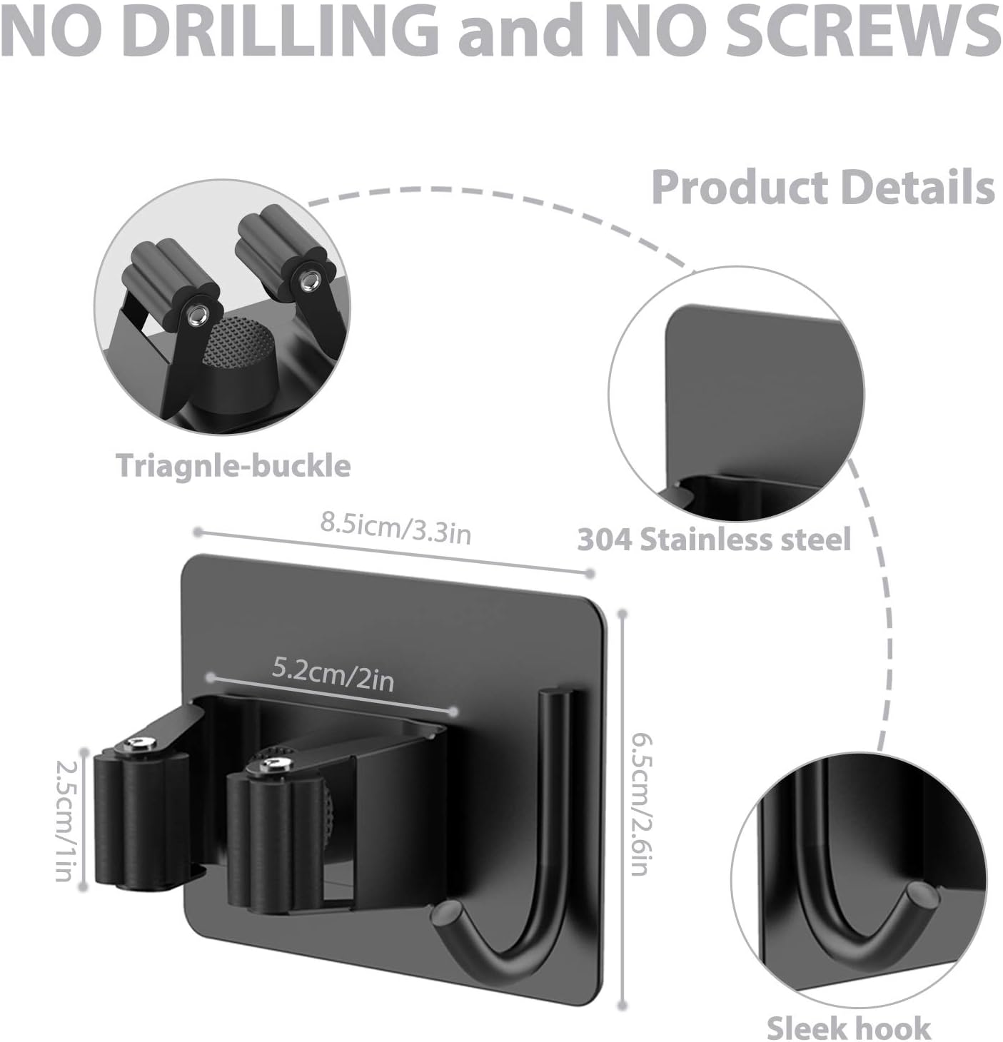 Mop Broom Holder No Drill, Mop Broom Organizer Wall Mounted Heavy Duty with Hooks Hanger, Self Adhesive Stainless Steel 6Pcs for Bathroom, Kitchen, Office (Black)