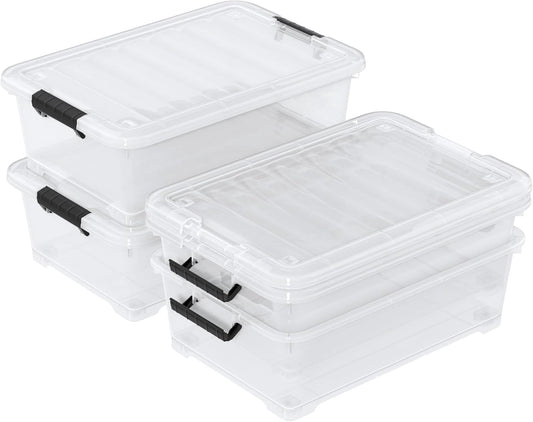 4 Packs Under Bed Storage Containers with Clear Lid, Large Stackable Plastic Latching Bins with Rolling Wheels, 40 Quart
