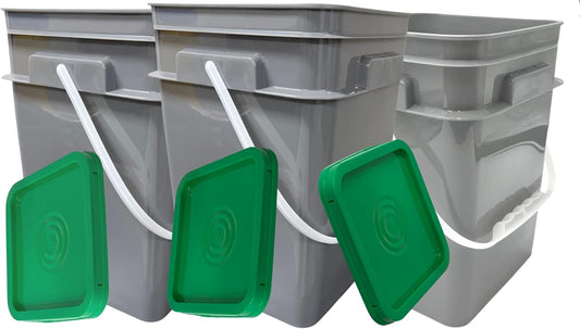 House Naturals 4 Gallon Square Food Grade Bucket Pail with Plastic Handles and Lid (Pack of 3) Made