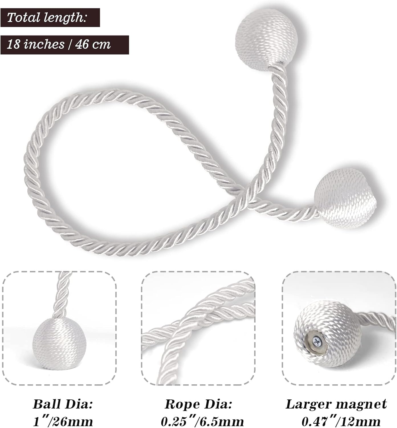 Hion Magnetic Curtain Tiebacks White 4 Pack, Curtain Tiebacks Buckles Holdbacks Holders Hooks Clip for Home Bedroom Office Decorative Thick or Thin Curtain