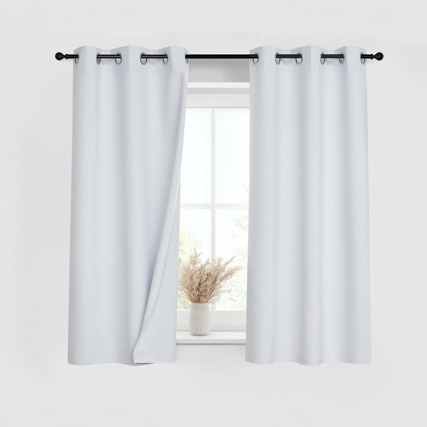 PONY DANCE White 100% Blackout Short Curtains for Kitchen Over Sink 45 inch Long 2 Panels Set, Black Out Small Window Curtains for Bathroom, Thermal Insulated Half Window Cafe Drapes, 42" W x 45" L