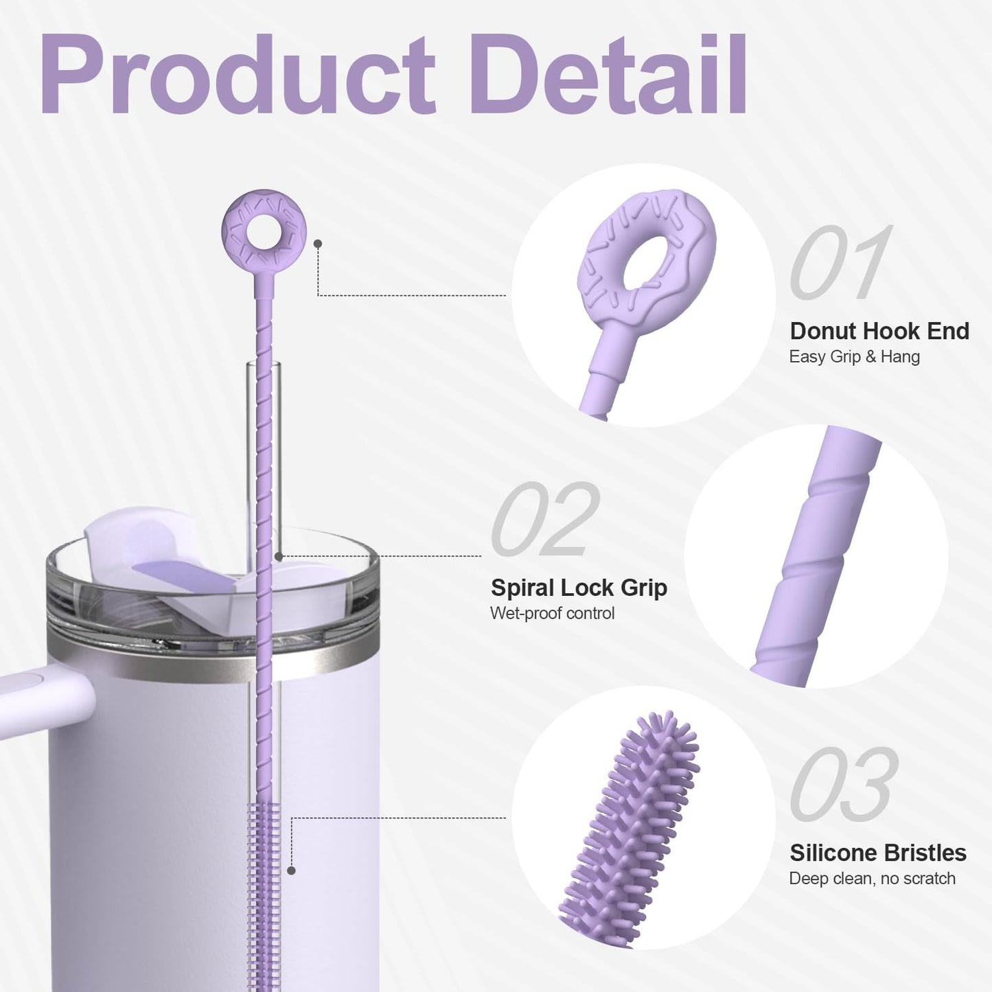 YOTIME Silicone Straw Cleaner Brush, 2 Pcs Reusable Straw Brush(6mm+9mm) for Cleaning Narrow & Wide Straws, Tumblers, Purple