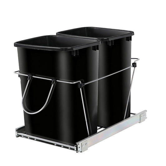 SUPER DEAL Double 35-Quart Pull Out Trash Can Under Cabinets Under Sink Garbage Sliding Waste Bin Container Recycling Bins with Chrome Wire Bottom Mount 44 lbs Load Capacity, Black