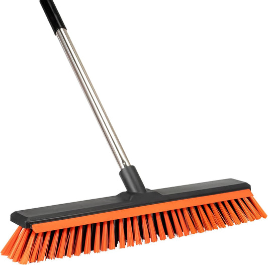 18" Push Broom Outdoor with Rubber Squeegee,Heavy Duty Broom Brush with Handle,Stiff Bristles for Patios and Deck Dirt Garage Warehouse Driveway Concrete Floor Cleaning Scrubbing